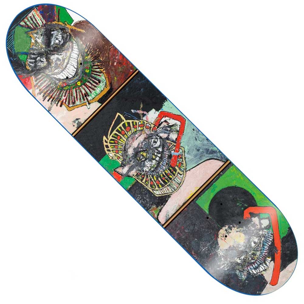 The Face Krull 8x31.3 GX1000 Deck Skateboard is made in Mexico from 100% wood, showcasing abstract, colorful art with three expressive cat faces in spiked collars over green, red, black, and beige geometric designs.