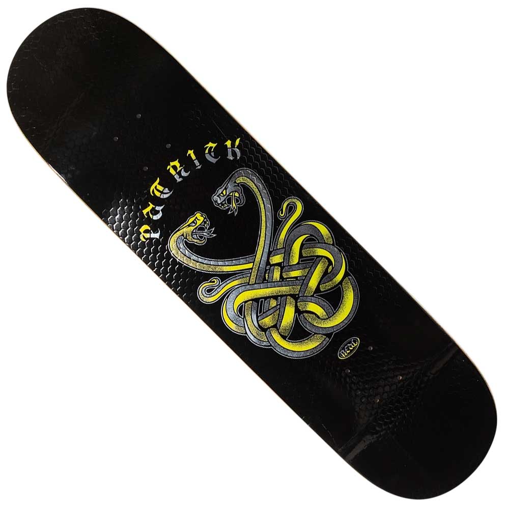 The Fight Praman 8.38 Full SE Real Skateboard Deck showcases a black base with bold yellow and green intertwined snakes baring their fangs, topped by striking stylized yellow text above the artwork.