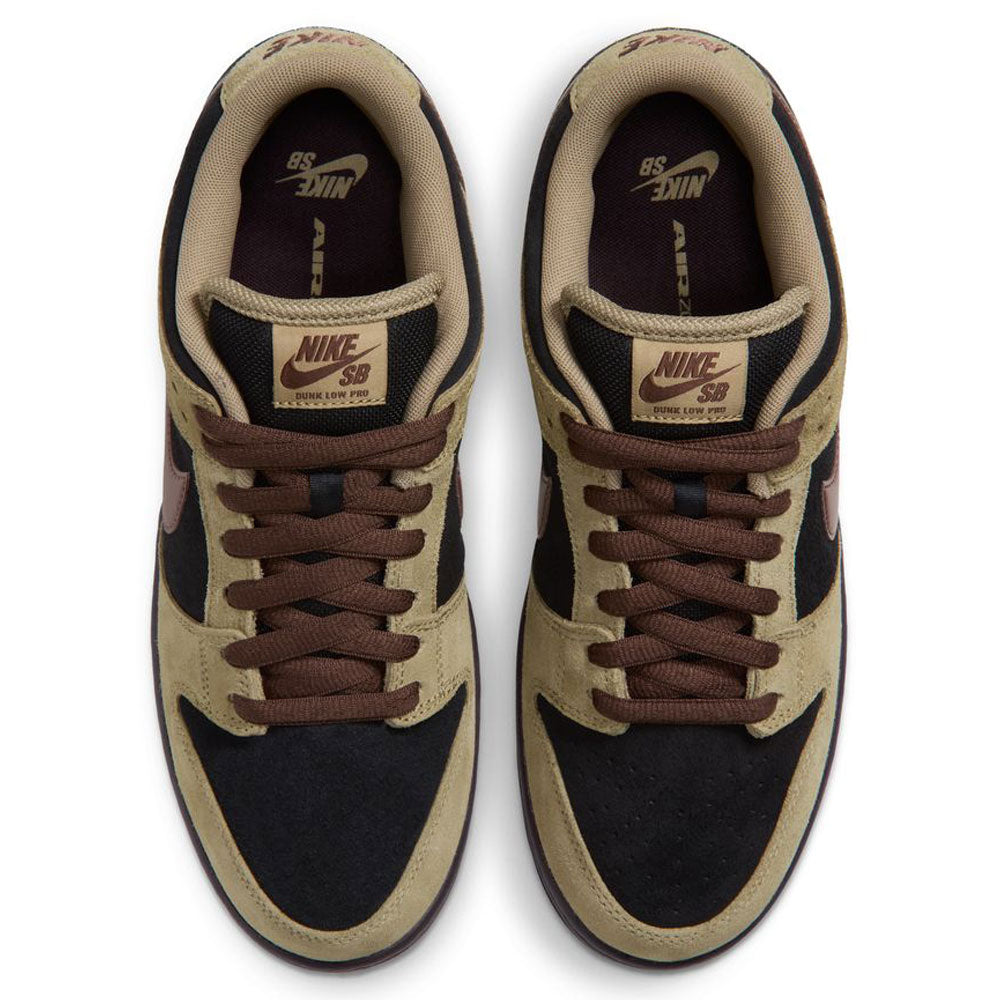 A pair of Filbert Light Chocolate Black Burgundy Ash Dunk Low Pro HQ1625201 Nike SB Skateboarding Shoes, shown from above with brown laces and tan tongue tags featuring the Nike SB logo, perfectly capturing the classic basketball sneaker style of the iconic Nike Dunk.