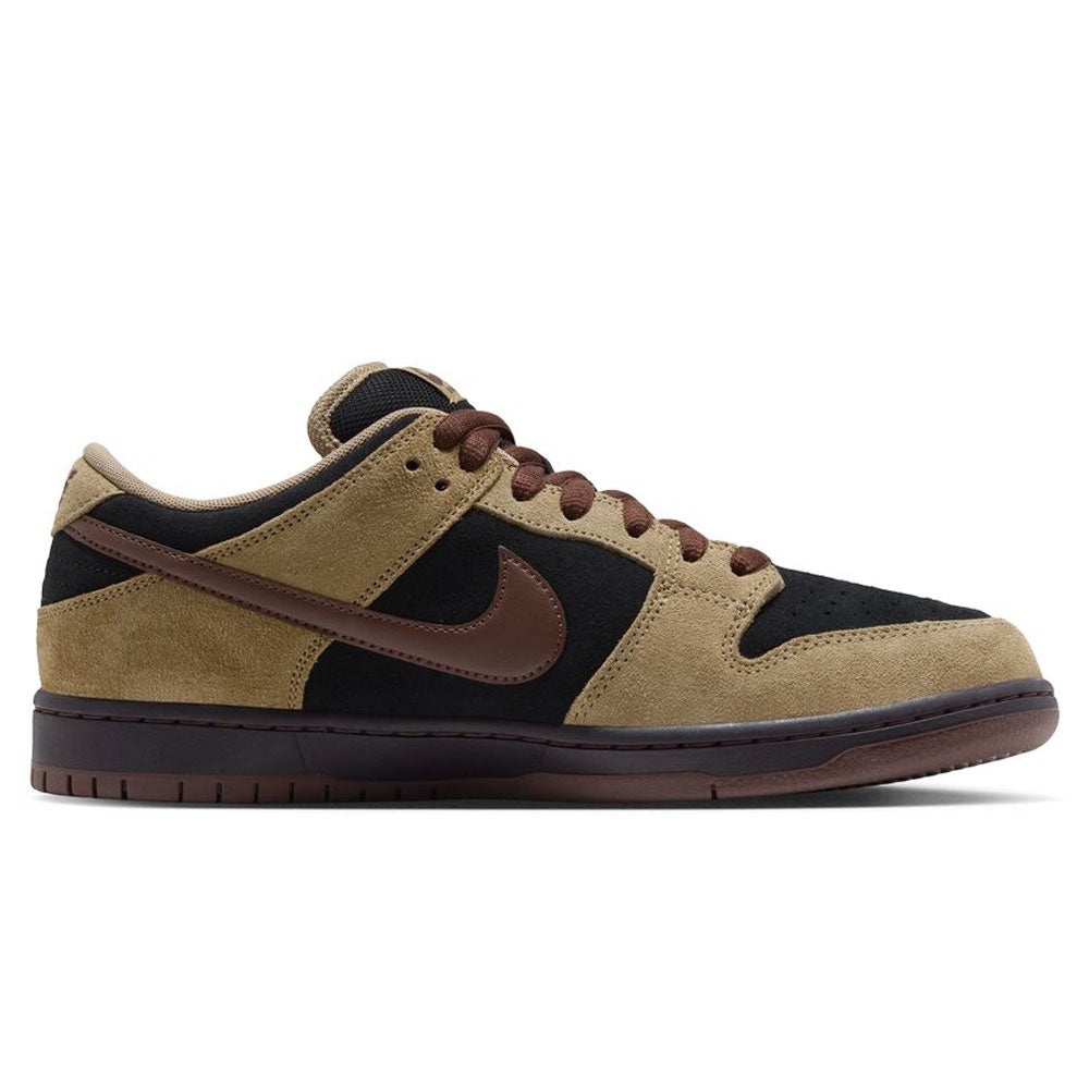 A Nike SB Dunk Low Pro sneaker, the Filbert Light Chocolate Black Burgundy Ash (HQ1625201), featuring black and tan suede with a brown leather Swoosh, brown laces, and a brown sole, is shown from the side on a white background.