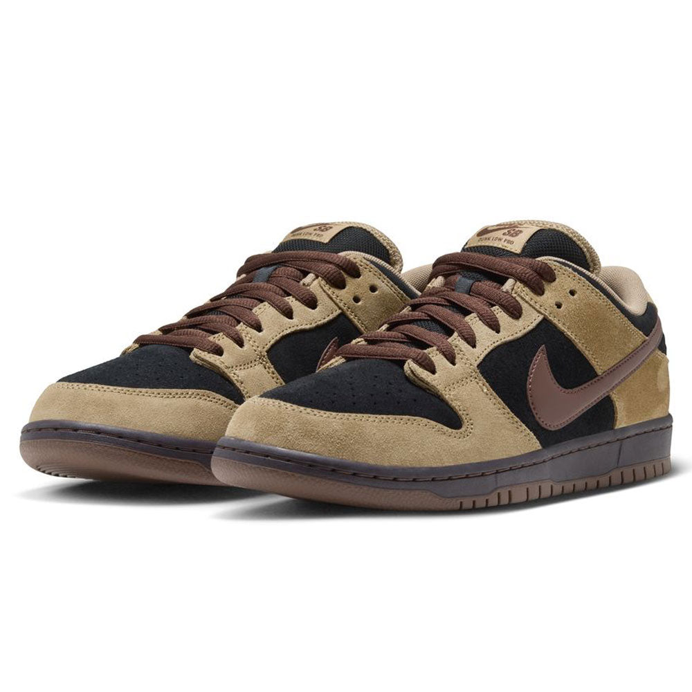 A pair of Filbert Light Chocolate Black Burgundy Ash Dunk Low Pro HQ1625201 Nike SB skateboarding shoes featuring black toe boxes and side panels, complemented by brown suede overlays. This classic sneaker sports dark brown laces and Swoosh, with a matching brown midsole and outsole.