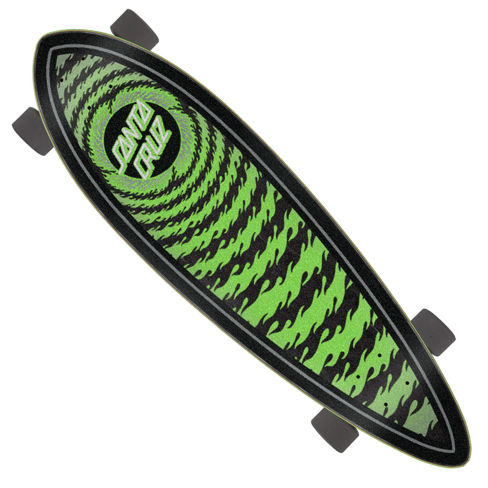The Flame Ringed Dot 9.2in x 33in Pintail Cruzer from Santa Cruz features a bold spiral design, central Santa Cruz logo, and sleek black Slime Balls wheels.