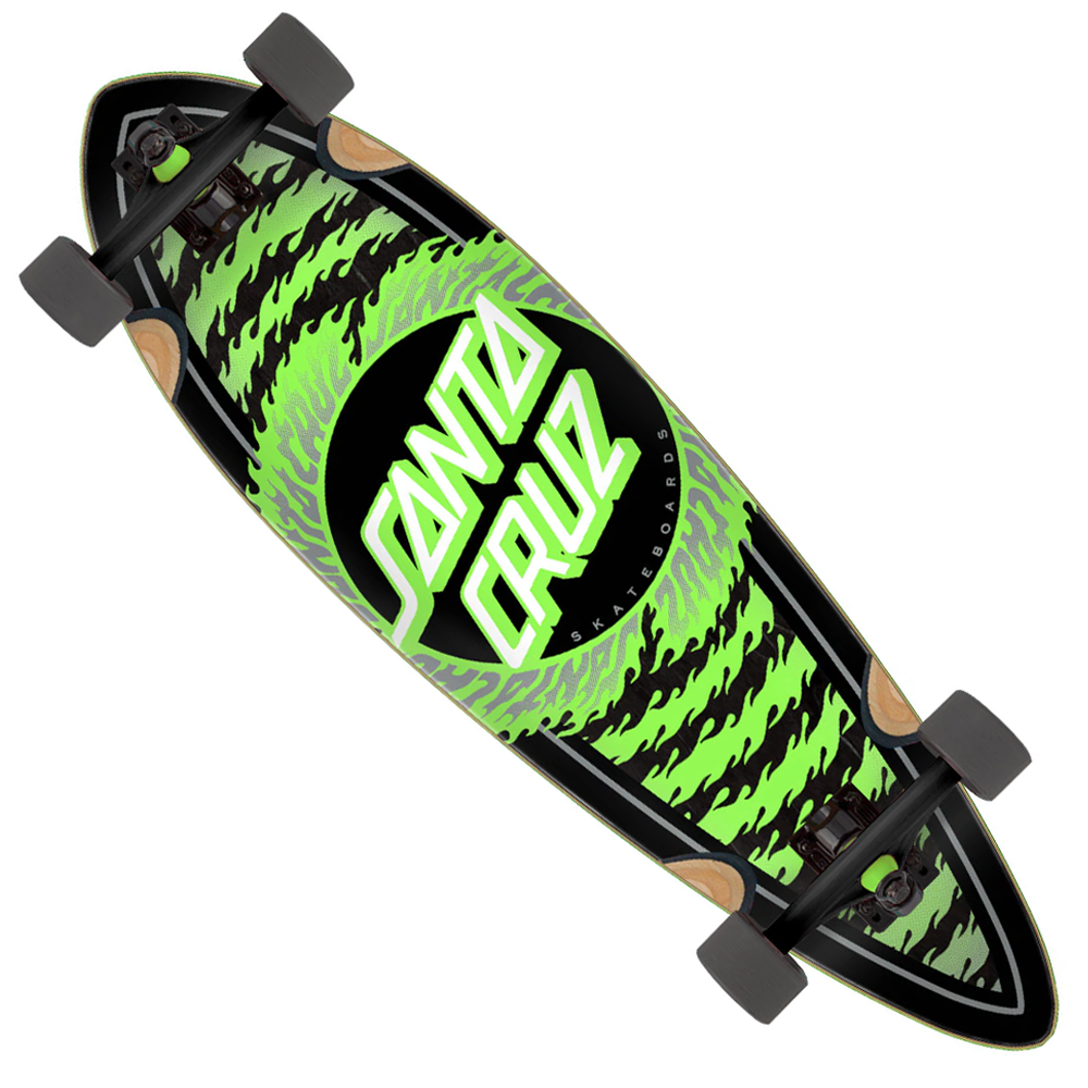 The Flame Ringed Dot 9.2in x 33in Pintail Cruzer by Santa Cruz features bold “Santa Cruz” text surrounded by green flames and comes equipped with large Slime Balls wheels in a green and black design.