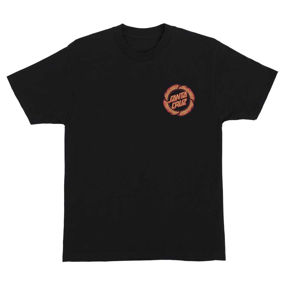 The Flame Ringed Dot Black Heavyweight Tee for men by Santa Cruz features short sleeves and a small circular orange and red logo on the upper left chest.