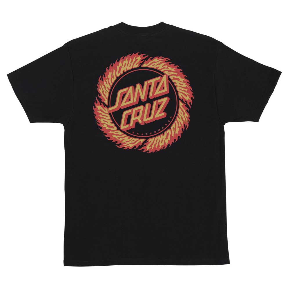 The Flame Ringed Dot Black Heavyweight Tee from Santa Cruz features a bold circular logo with yellow and red lettering surrounded by flame graphics on the back, delivering classic skate style and iconic flair for men.