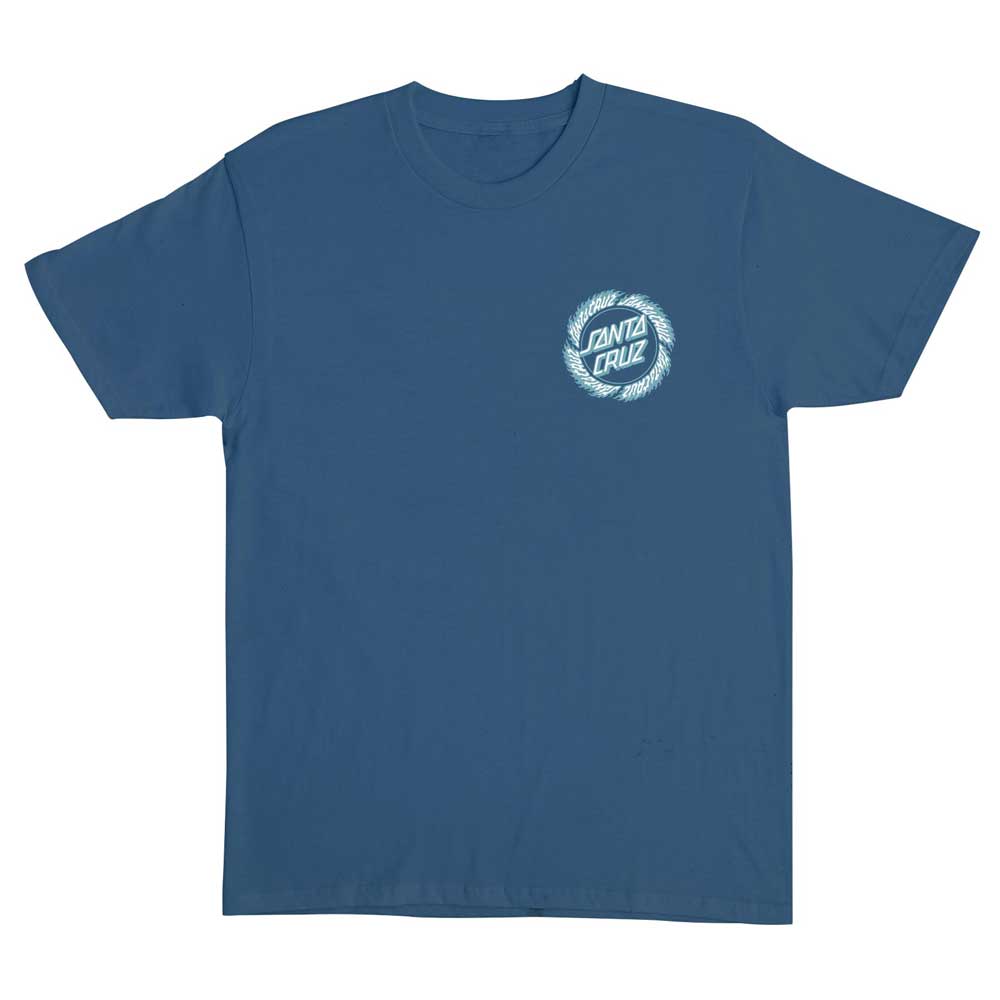 The Flame Ringed Dot Blue Dusk Heavyweight Tee for men by Santa Cruz is a blue short-sleeve skate t-shirt with a small circular white and blue Santa Cruz logo on the left chest, shown laid flat on a white background.
