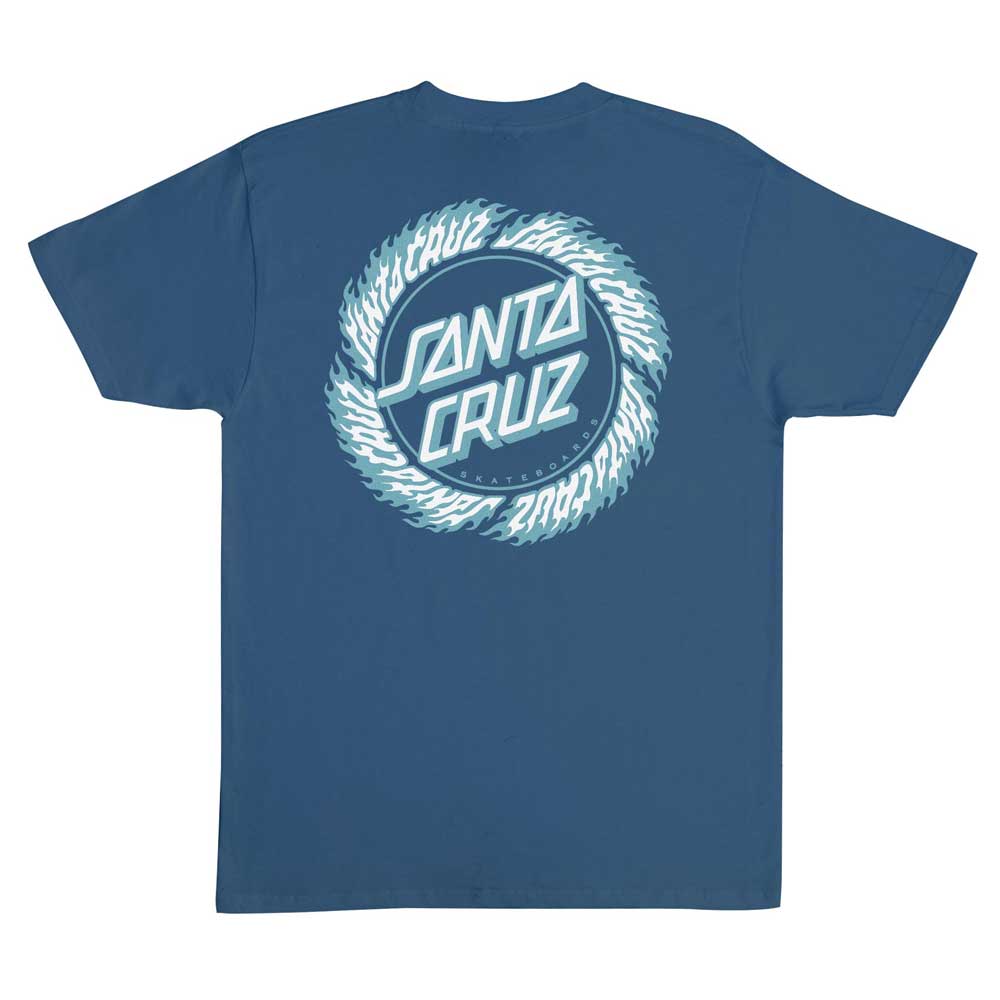 The Flame Ringed Dot Blue Dusk Heavyweight Tee by Santa Cruz features a circular logo ringed with white and blue flames, capturing the bold style of the iconic Screaming Hand collection for men.