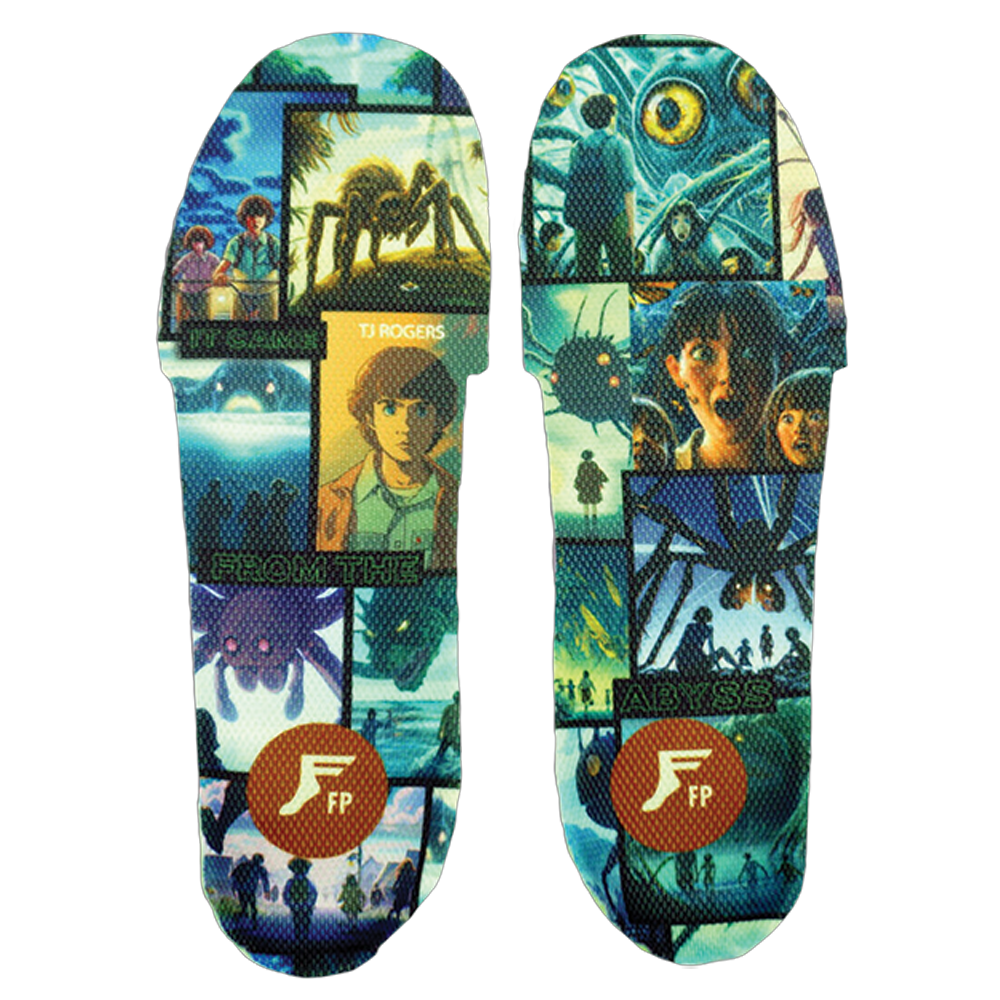 The Footprint Gamechanger Abyss Manga Pro Sport HI insoles feature shock-absorbing support and vivid comic-style art—spiders, surprised faces, eerie night scenes, plus “FROM THE ABYSS” and “TJ ROGERS” graphics.