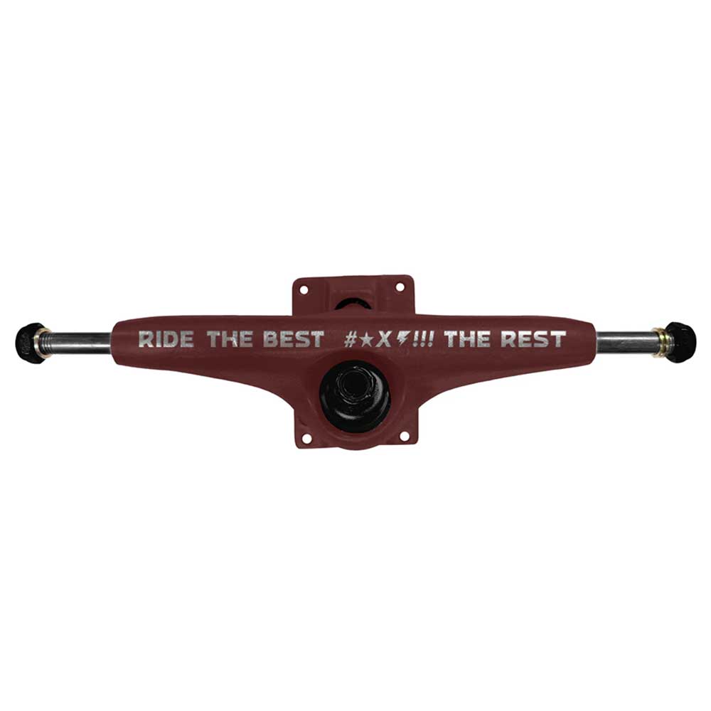 The Forged Hollow RTB FTR Burgundy Standard INDY 144 Stage 11 Trucks Set of TWO features a durable red aluminum build with "RIDE THE BEST #X%!! THE REST" printed in white across the front hanger.