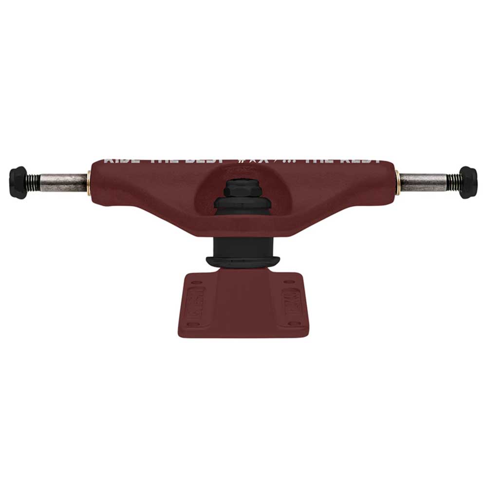 The Forged Hollow RTB FTR Burgundy Standard INDY 149 Stage 11 Trucks Set of TWO is shown from the front, highlighting its lightweight forged hollow design with black bushings, silver axle ends, and distinctive burgundy finish.