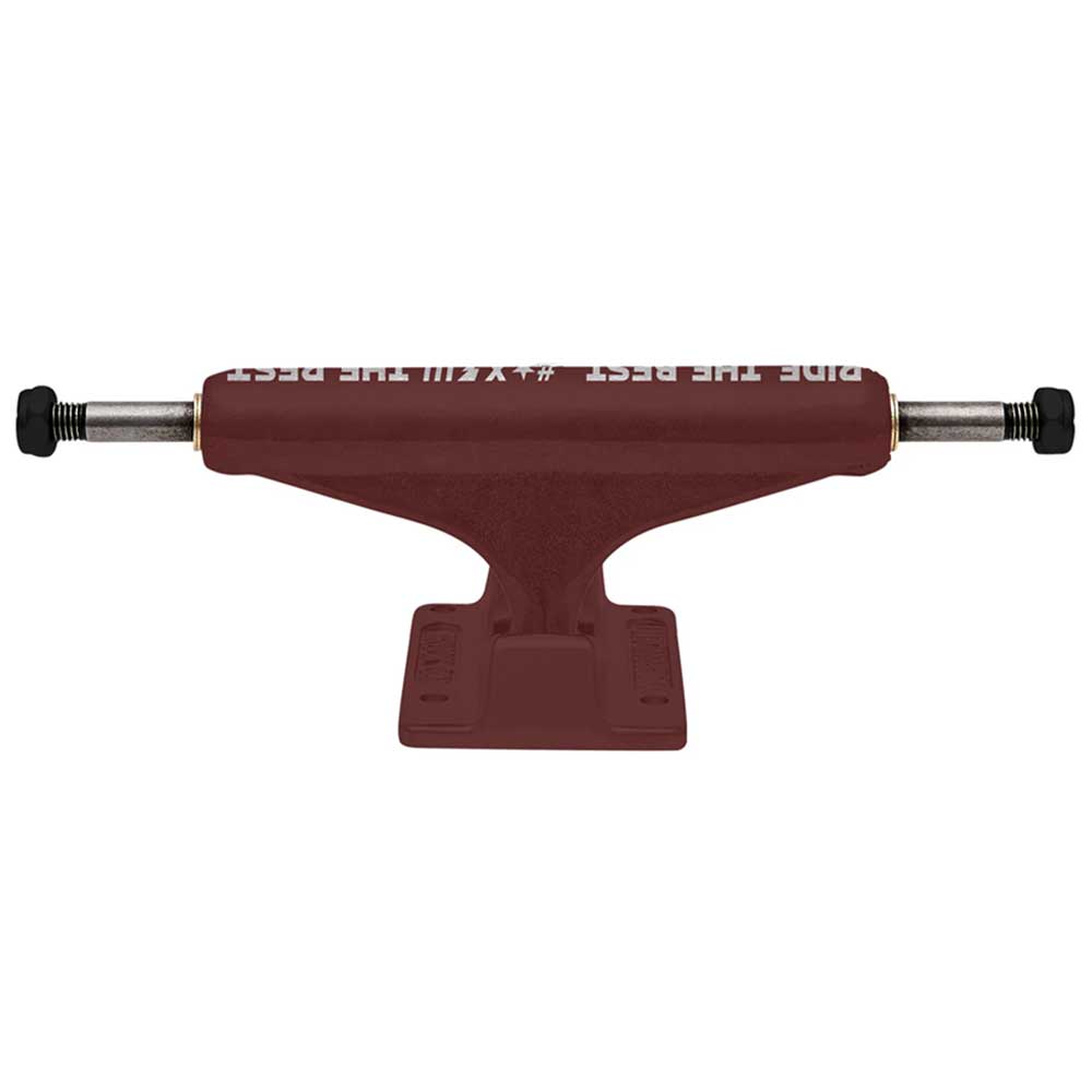A set of two Forged Hollow RTB FTR Burgundy Standard INDY 144 Stage 11 skateboard trucks, lightweight with black axle ends, maroon hangers featuring "RIDE THE BEST" in white, shown side view on a white background.