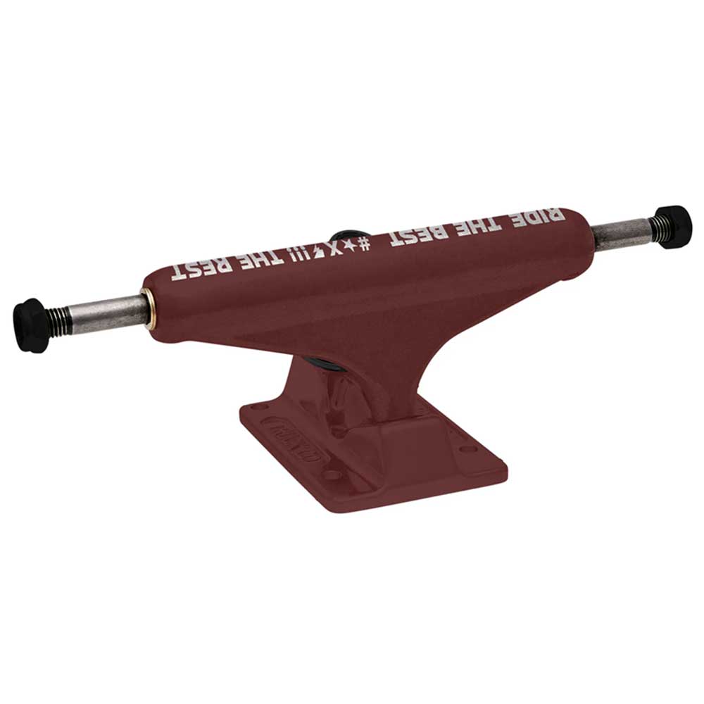 The Forged Hollow RTB FTR Burgundy Standard INDY 159 Stage 11 Trucks Set features a solid maroon design with silver axles, black nuts, and “RIDE THE BEST” in white on the hanger. Lightweight and sturdy, sold as a set of two.