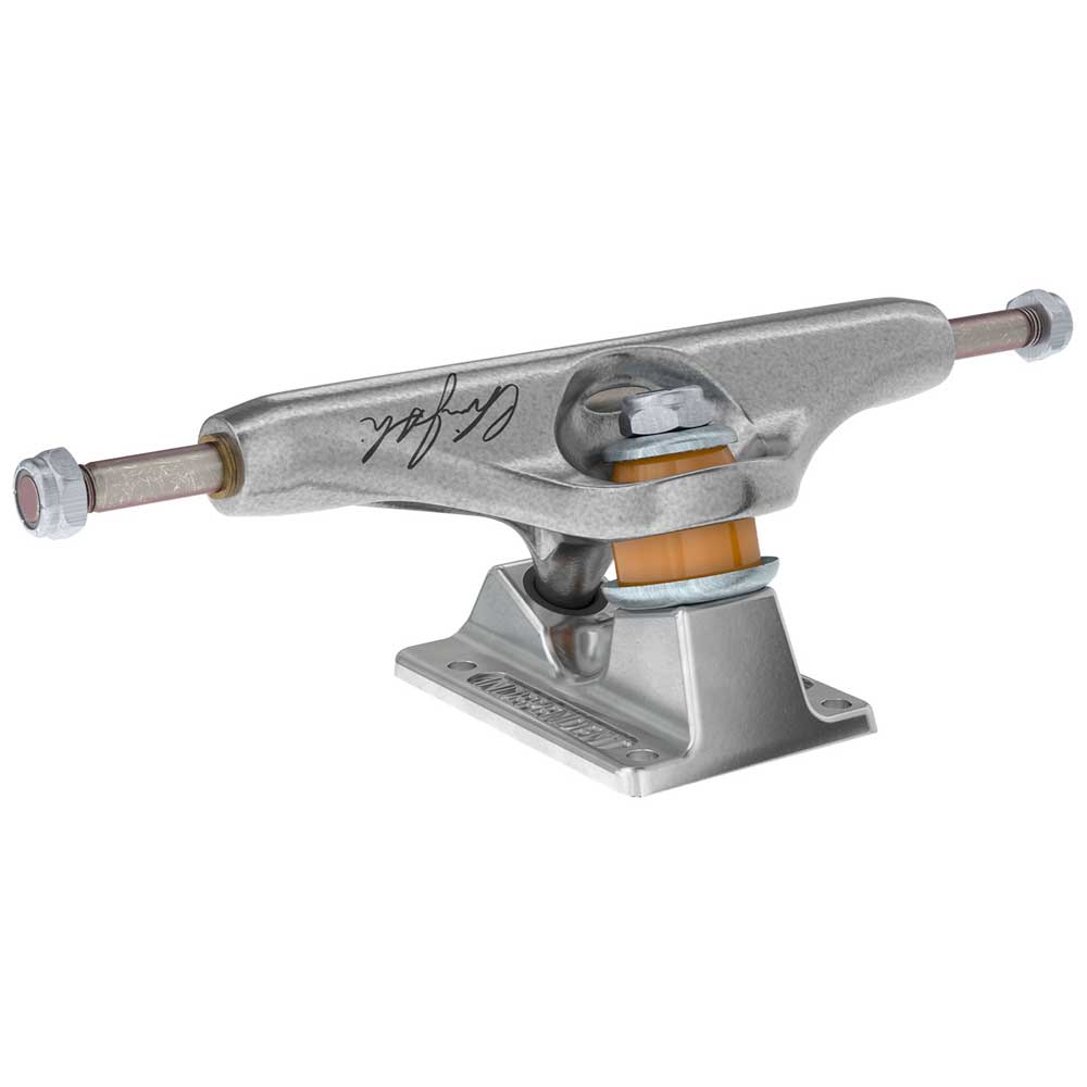 The 144 Stage 11 Forged Titanium Chris Joslin Sticker Slap Pro Polished Silver Standard Trucks Independent Set of TWO features orange bushings and a signature hanger, shown against a white background.