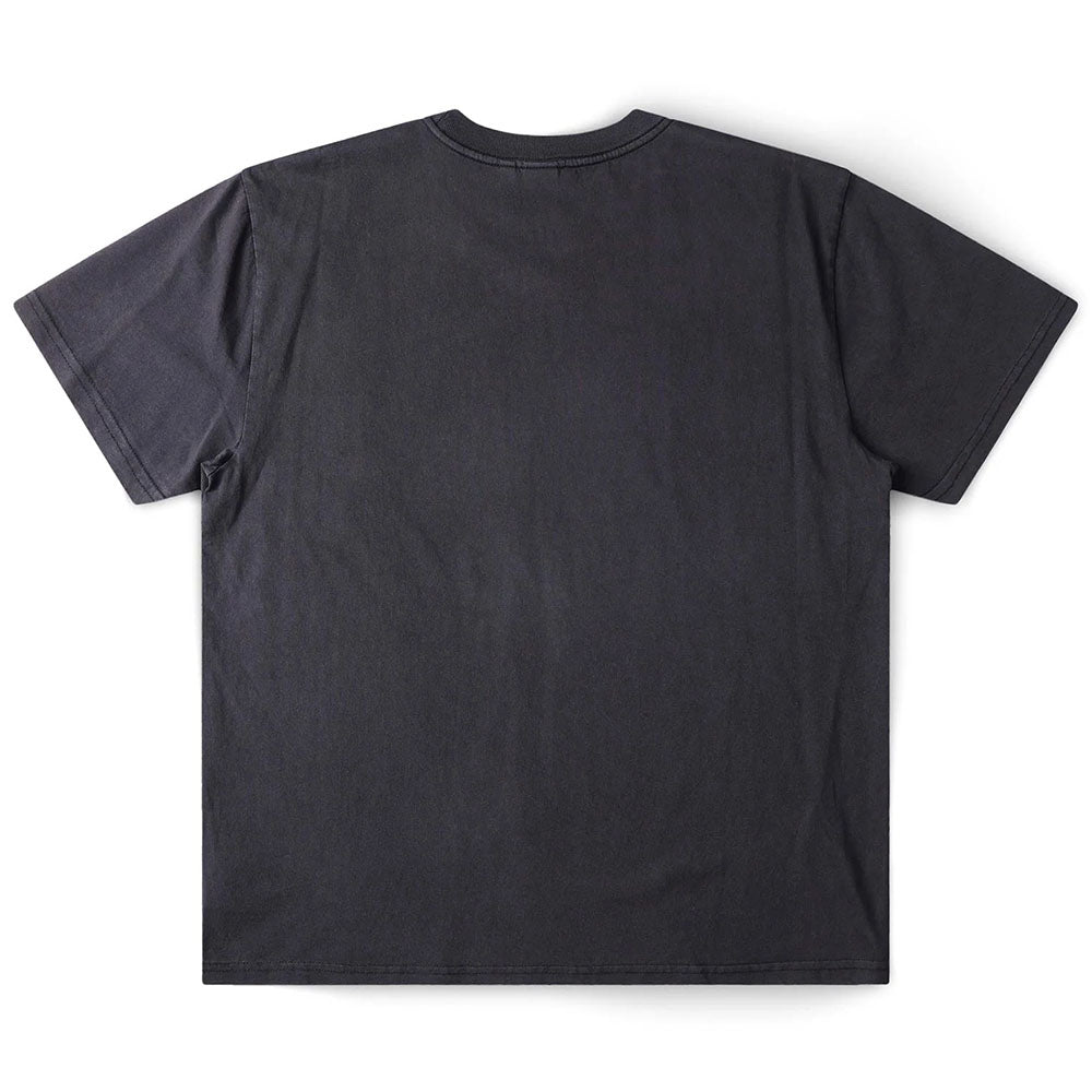The Engineered Former Tee in Washed Black is displayed laid flat, back facing up, against a white background. Made from high-quality 200GSM cotton, this short-sleeve shirt combines comfort with durability.