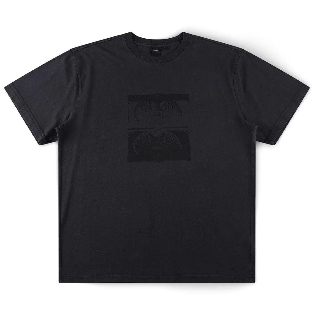 Crux Overdye Former Tee Washed Black: A premium 200GSM cotton short-sleeve T-shirt in washed black, featuring a subtle, dark embossed design of two overlapping circular patterns on the chest. Shown laid flat on a white background.