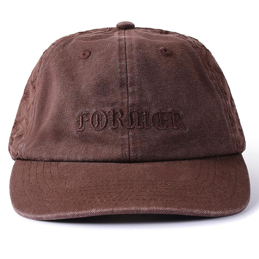 The Alleviate Cap Former Hat Bark is a brown baseball cap featuring the word FORMER embroidered in matching brown thread on the front, crafted from durable 200GSM cotton for a premium feel.