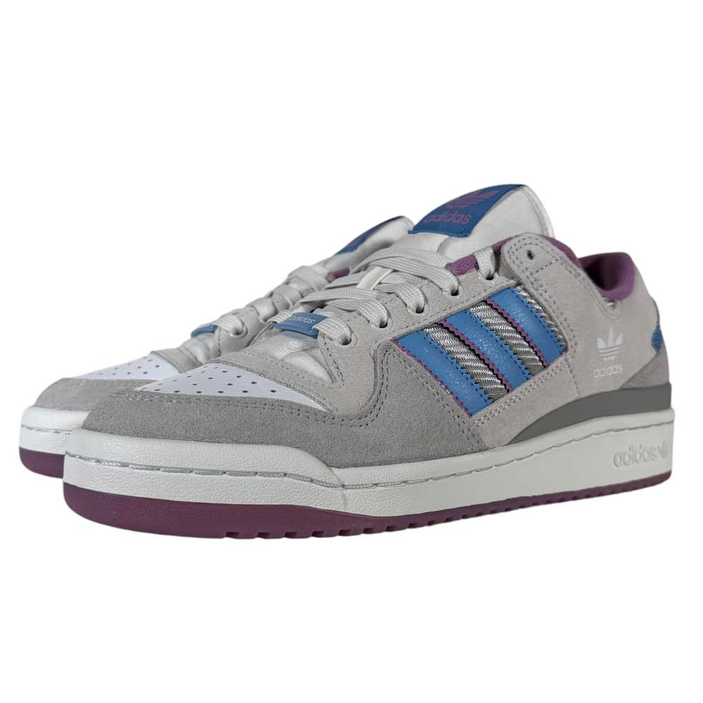 The Forum 84 Low Adidas Skateboarding shoes feature gray leather, lavender and ice blue accents, white toe, purple soles, and Adidas logos on the side and tongue.