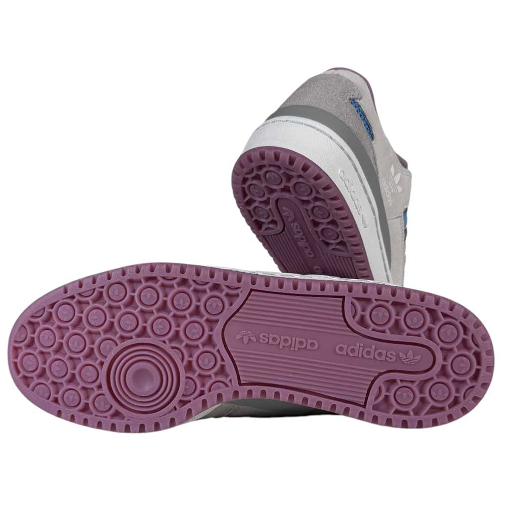 The Forum 84 Low Adidas Skateboarding Gray Lavender Ice Blue Leather Shoes feature light grey uppers and pink rubber soles, with one shoe upright showing the sole's circular tread and Adidas logo, the other displaying the back.
