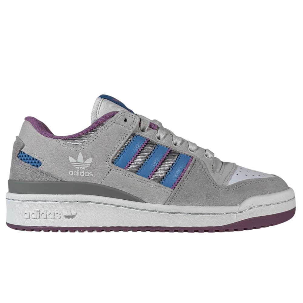 A side view of Forum 84 Low Adidas Skateboarding gray lavender leather shoes featuring ice blue and purple stripes, purple sole and heel accents, a white midsole, and visible Adidas logos on the side and heel.