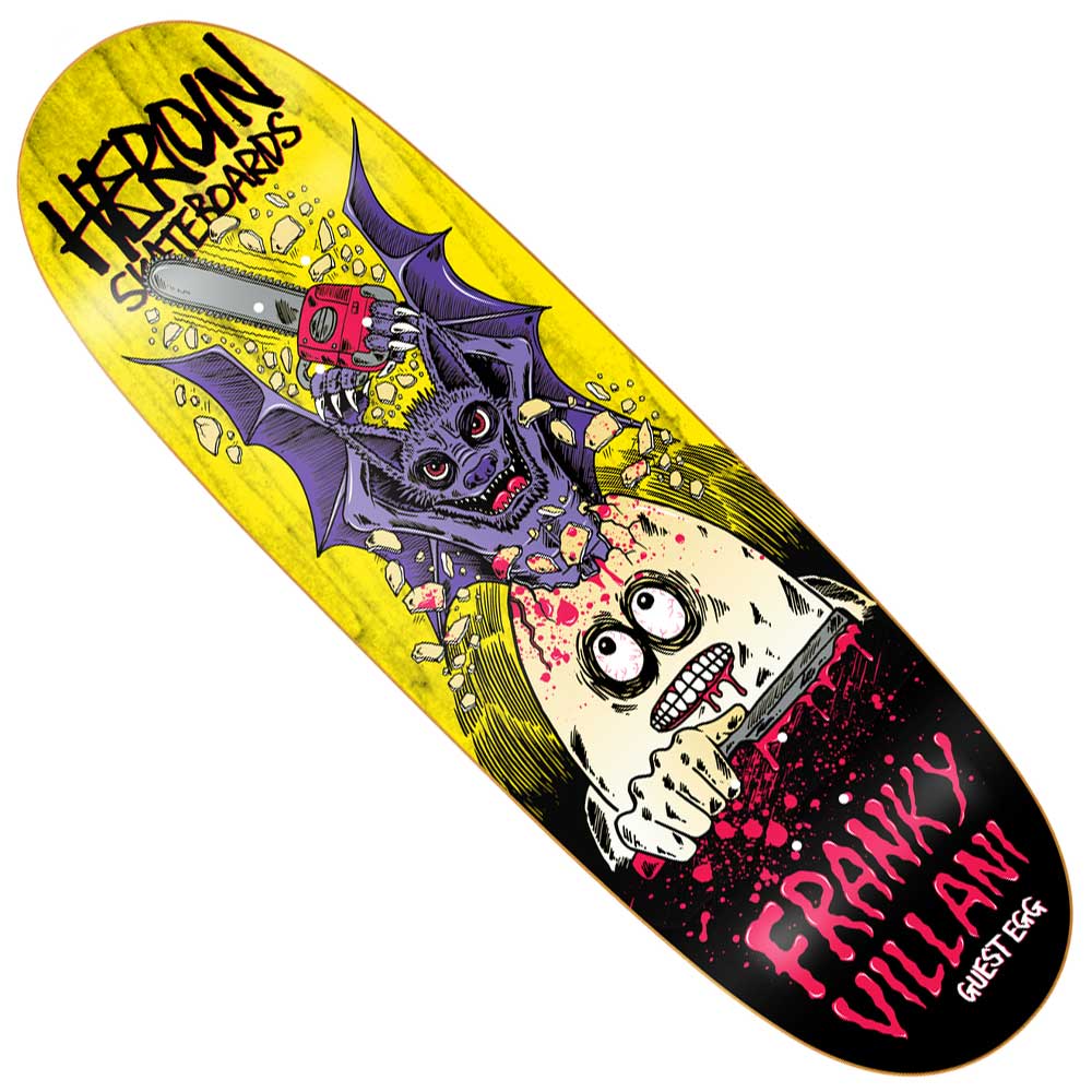 The Franky Villani Guest 9.5 Shaped Heroin Skateboards deck features a yellow North American maple build, a cartoon bat with a chainsaw above a scared ghost, pink splatters, and “FRANKY VILLANI GUEST EGG” text at the bottom.