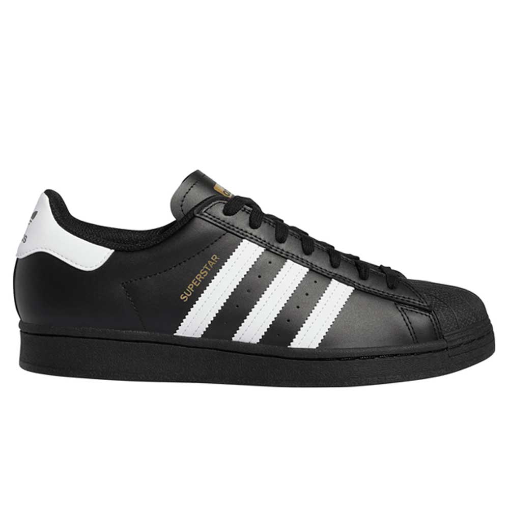 The GW6931 Black White Superstar ADV Adidas Skateboarding Leather Shoes feature a black leather upper, white stripes, black laces, a white heel tab, and gold "SUPERSTAR" on the side—combining classic shell toe style with skateboarding performance.