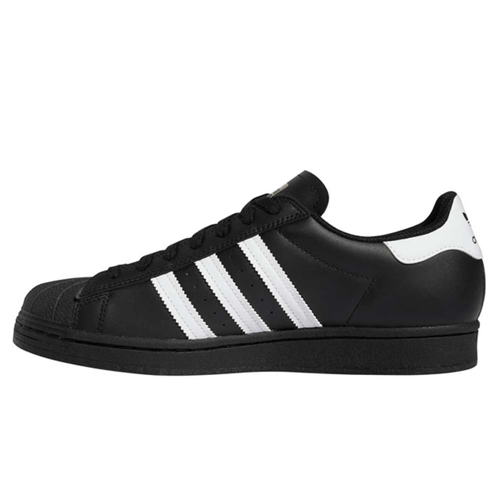The GW6931 Black White Superstar ADV Adidas Skateboarding Leather Shoes feature a black low-top design with white stripes and heel tab, black laces, and a black rubber sole—classic style reimagined for skateboarding.