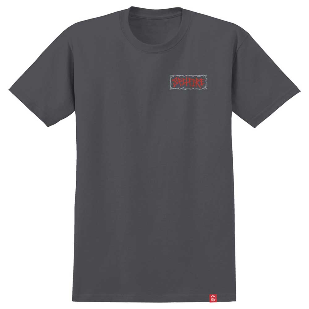 Introducing the Gas Mask Charcoal Multicolor Tee by Spitfire Wheels—a plain dark gray T-shirt featuring a small, red, jagged-edged SPITFIRE logo on the left chest, inspired by the classic Spitfire Wheels Gas Mask Tee.