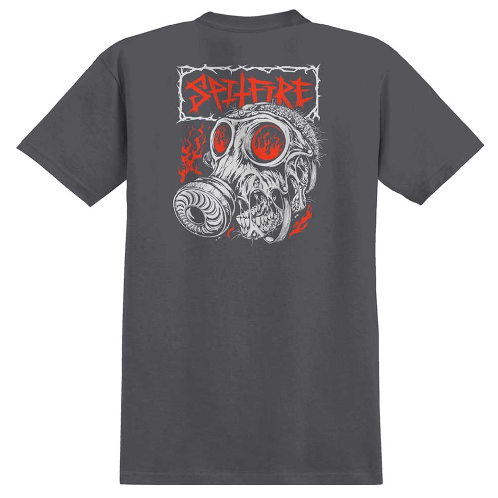 The Gas Mask Charcoal Multicolor Tee from Spitfire Wheels showcases a bold graphic of a skull in a gas mask, set amid vibrant red flames, with the word "SPITFIRE" rendered in dynamic red text on the back—a striking tribute to Spitfire Wheels.