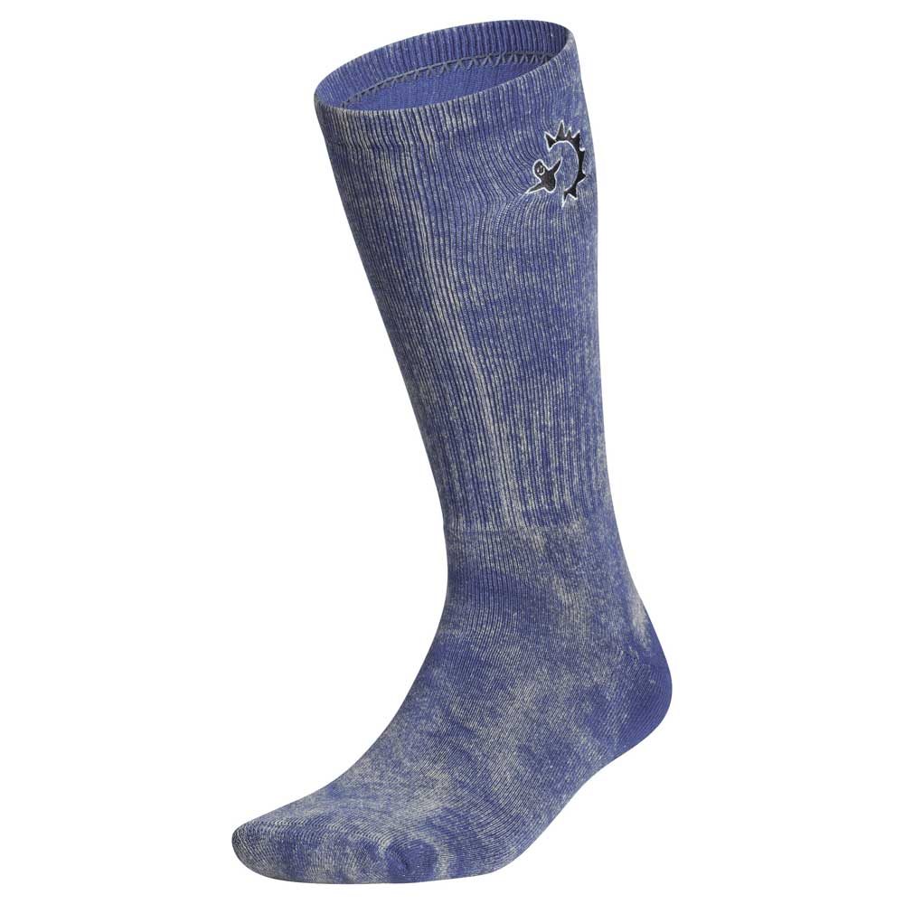 The Gonz Art Sock KS6804 by Adidas Skateboarding is a single blue and white mottled knee-high sock with a small embroidered dinosaur near the top, displayed upright against a white background.