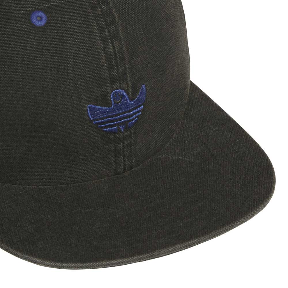 A close-up of the Gonz Cap Black Blue KS6799, an adjustable Adidas hat with a blue embroidered stylized bird logo on the front panel. The brim and stitching are prominently visible.