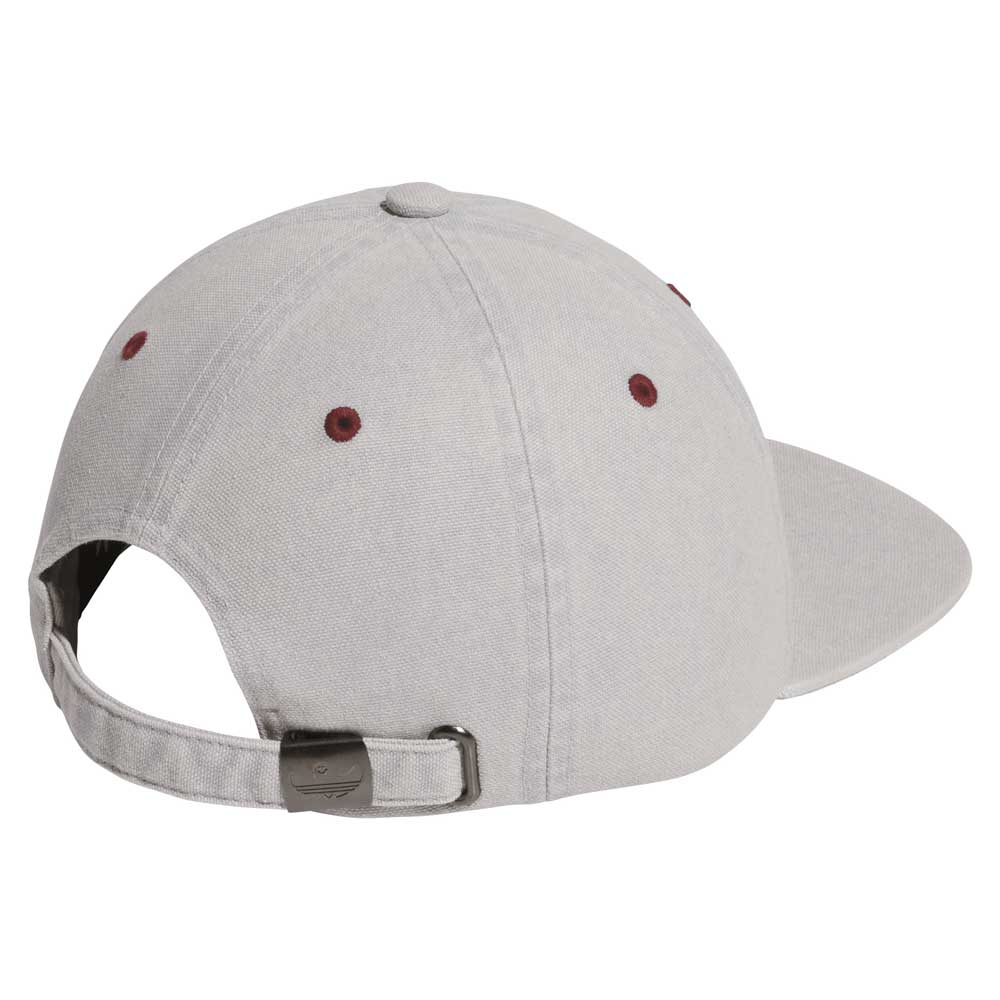 The Gonz Cap Gray Burgundy KS6800 Adidas Hat is shown from the back, highlighting its red stitched eyelets, adjustable metal buckle, and curved brim.