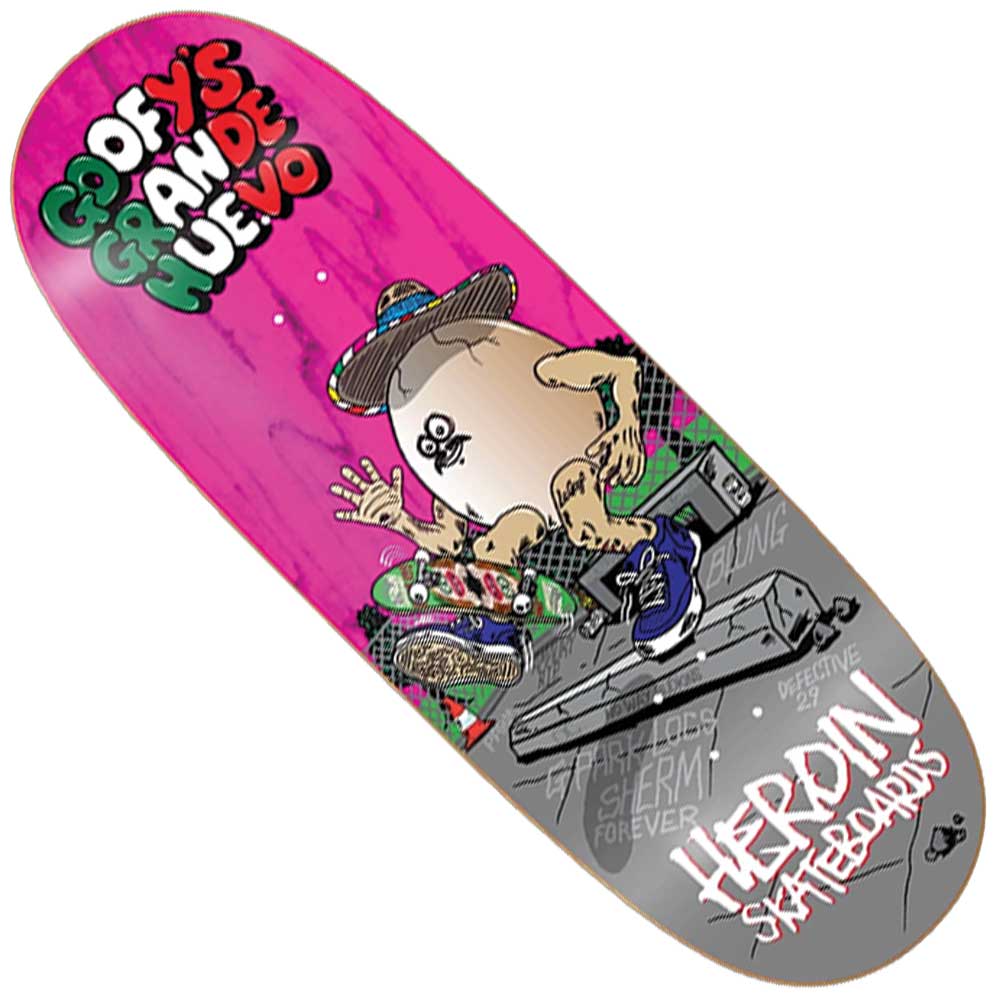 The Goofys Grande Egg 10.7x32.4 Heroin Skateboards Deck Shaped showcases a pink and gray background with a cartoon egg character in a sombrero, sitting on a bench and holding mini skateboards. Featuring the text “Goofys Grande Egg” and “Heroin Skateboards,” this vibrant deck adds extra style to your setup.