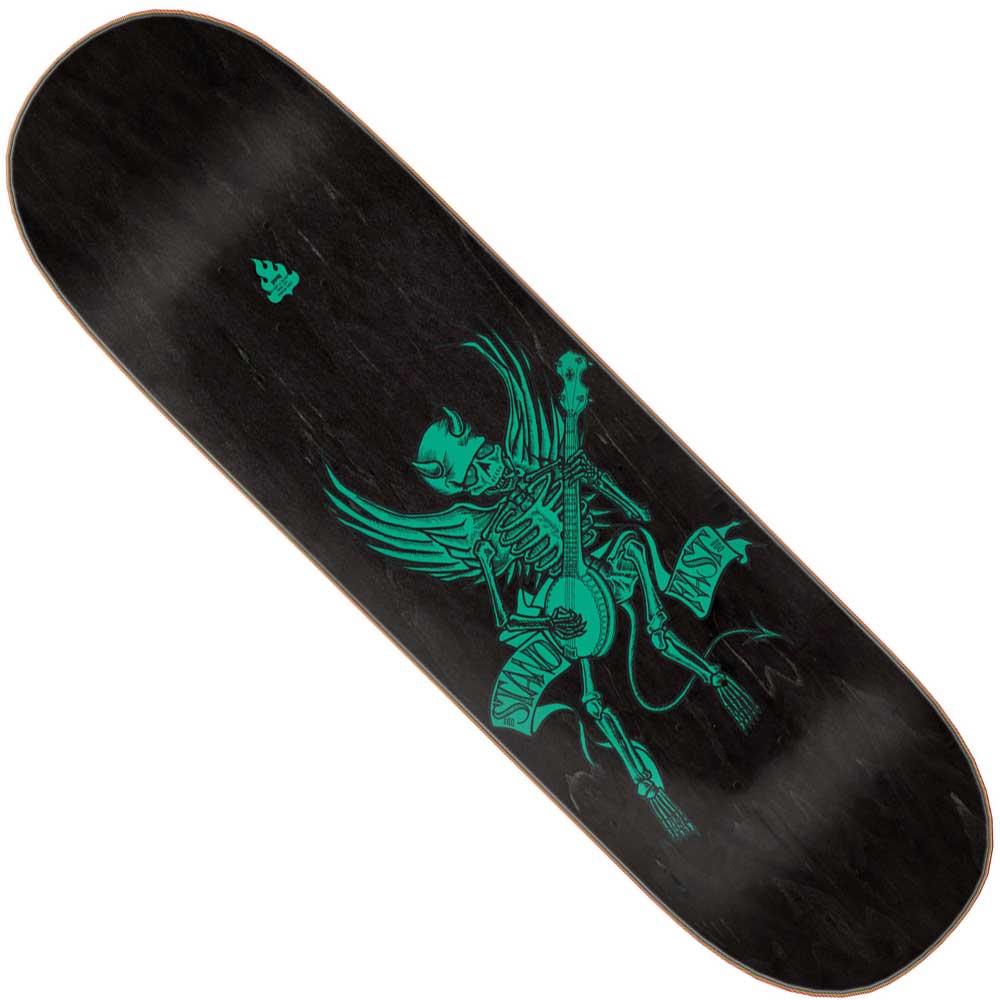 The Graham Stand Fast II Pro 9.125in x 32.95in Creature Skateboard Deck features a black design with a teal, winged skeleton playing guitar, set off by bold lines on durable 7-ply North American maple.