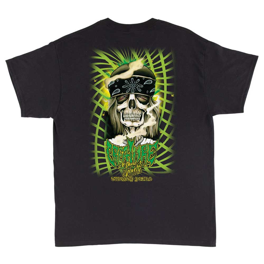 The Gravette Hippie Skull 20th S/S Pocket Heavyweight T-Shirt in black by Creature features a grinning skull with bandana and sunglasses, neon green palm fronds, and “Creature Skateboards” in bold yellow-green below.