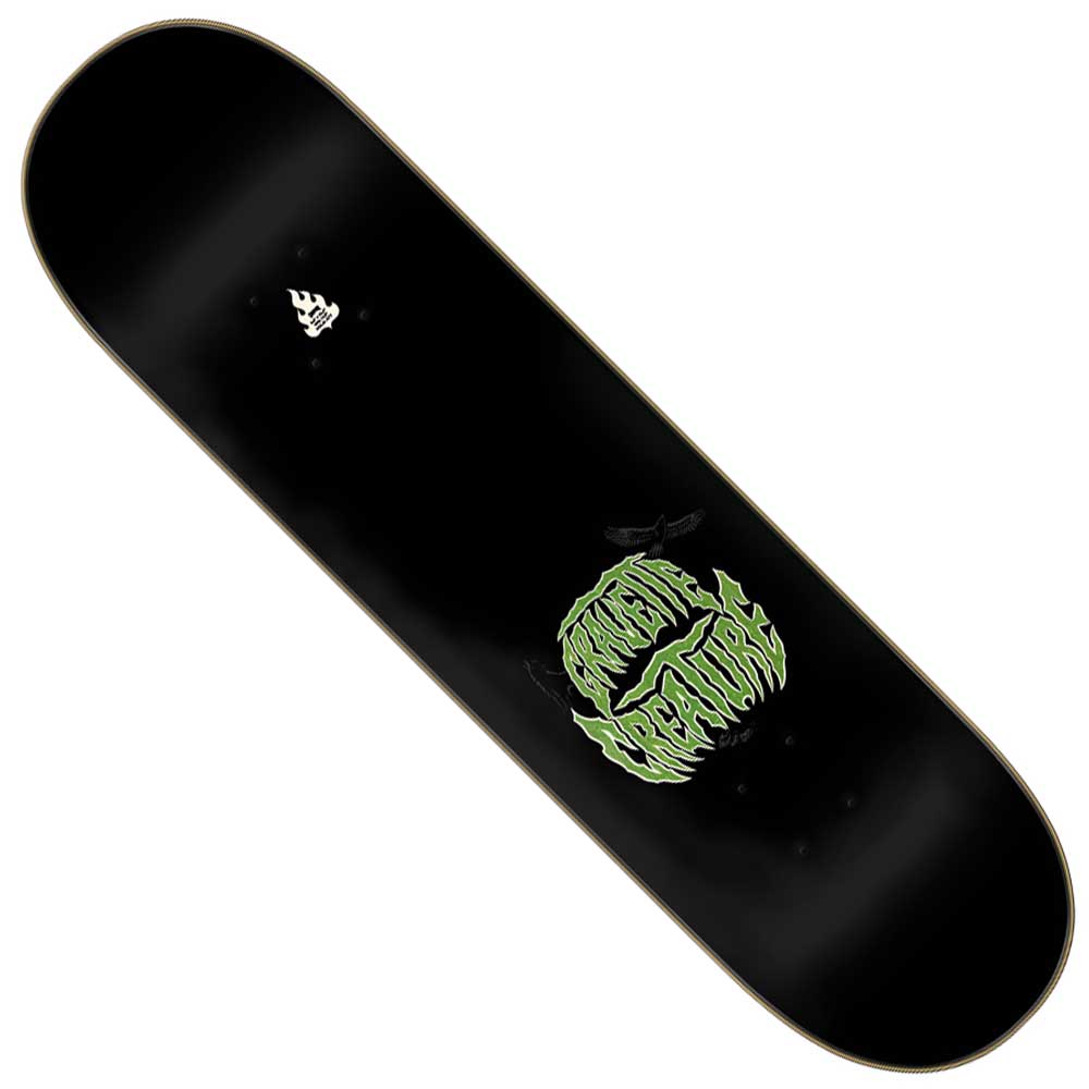 Black Gravette Hippie Skull IV Pro 8.3in x 32.2in Creature Deck featuring a green, graffiti-style CREATURE logo in the center and a small white flame graphic near the tail. This pro deck is otherwise plain, making it ideal for fans of Creature’s Hippie Skull aesthetics.