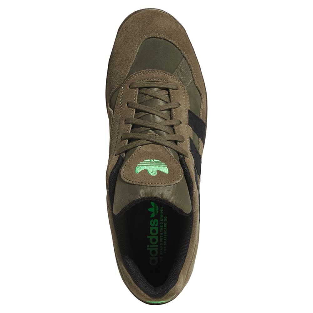 Top view of the Gray Black Mark Gonzales KJ0281 Aloha Super Suede Skateboarding Shoe by adidas featuring black stripes, a green Adidas logo on the tongue, and black laces. These skate-inspired trainers have a suede and textile upper, with the interior and insole also in green and accented with black Adidas branding.