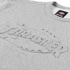 A close-up of the Gray Melange Sweatshirt Thrasher Magazine x Dickies Skateboarding A88Q4 GYM shows an embossed THRASHER logo, a collab tag, and a relaxed fit in soft, heavy-weight fabric for textured appeal.