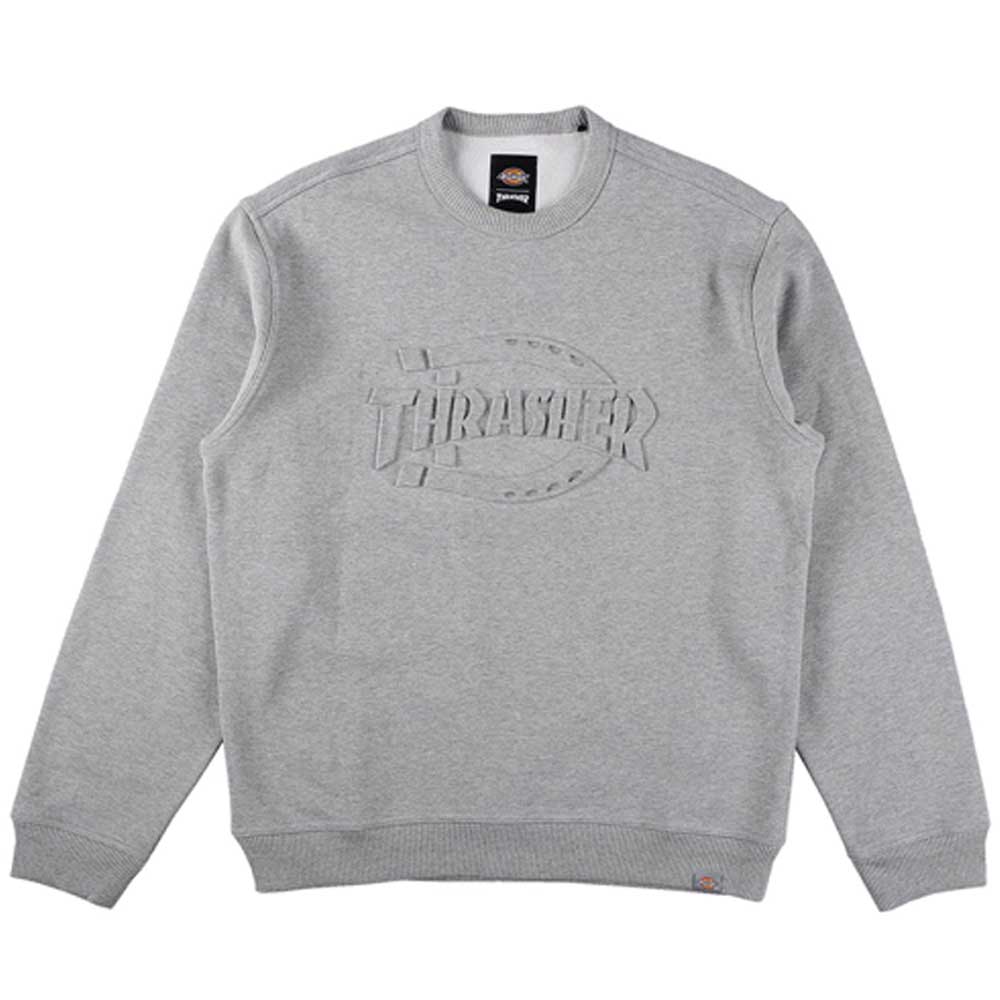 A light gray melange crewneck sweatshirt, part of the Thrasher Magazine x Dickies Skateboarding A88Q4 GYM line. It features a relaxed fit, long sleeves, bold embroidered “THRASHER” across the chest, ribbed trim, and a small logo tag.