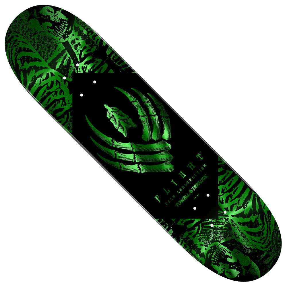 The Powell Peralta Green Foil Skeleton Flight Deck 8.5x31.9 features a green skeletal hand and leaf-like patterns on black, with "FAIRHF" and "everlasting pop" text in the center, plus additional small type details.