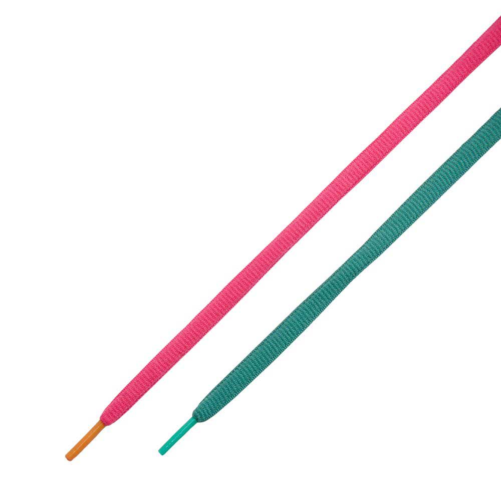 Two flat shoelaces—one pink with an orange tip, one green with a green tip—are displayed diagonally on white, ideal for customizing your Green Noise Watermelon Light Curry Dunk Low Pro HQ1625301 Nike SB Skateboarding Shoes.