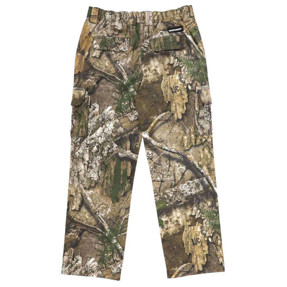 Introducing the Groundwork 2 Cargo Pants Realtree APX Bottom Mens Independent: durable ripstop cargo pants in a classic green, brown, and tan woodland camouflage pattern, featuring multiple pockets and an elastic waistband for comfort.