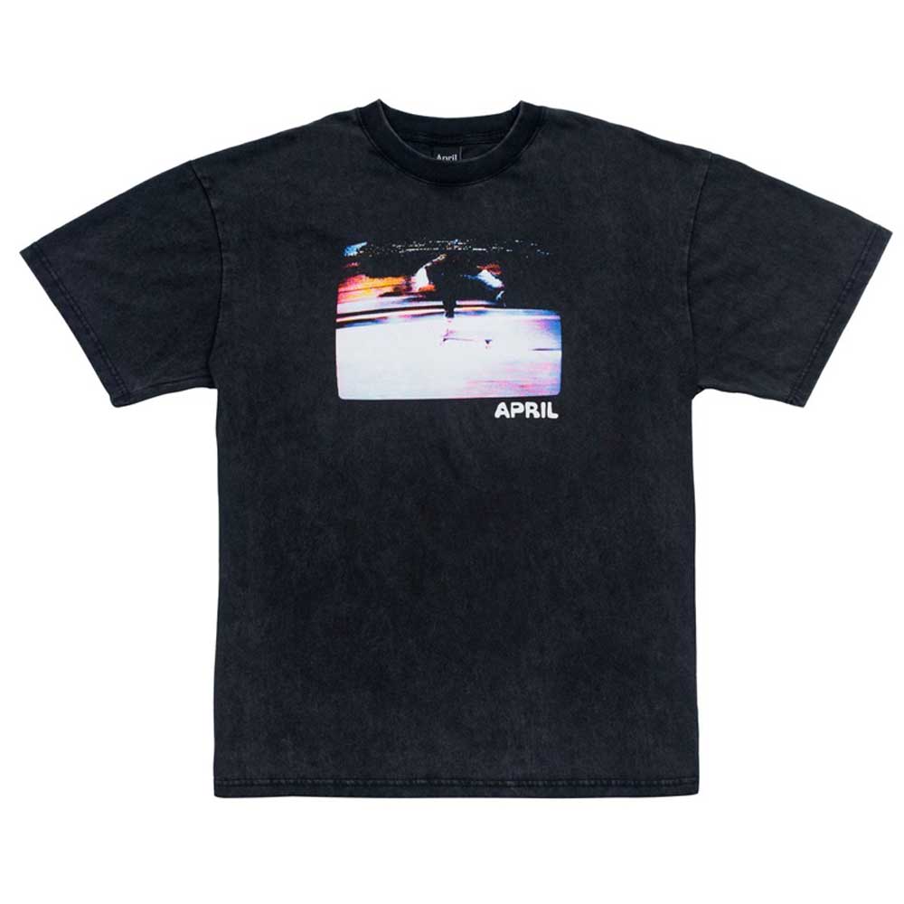 The Guy 1990 Tee Black by April Skateboards is a heavyweight, garment-dyed 100% cotton t-shirt featuring a rectangular skateboarder graphic with "APRIL" in white text below for style and comfort.