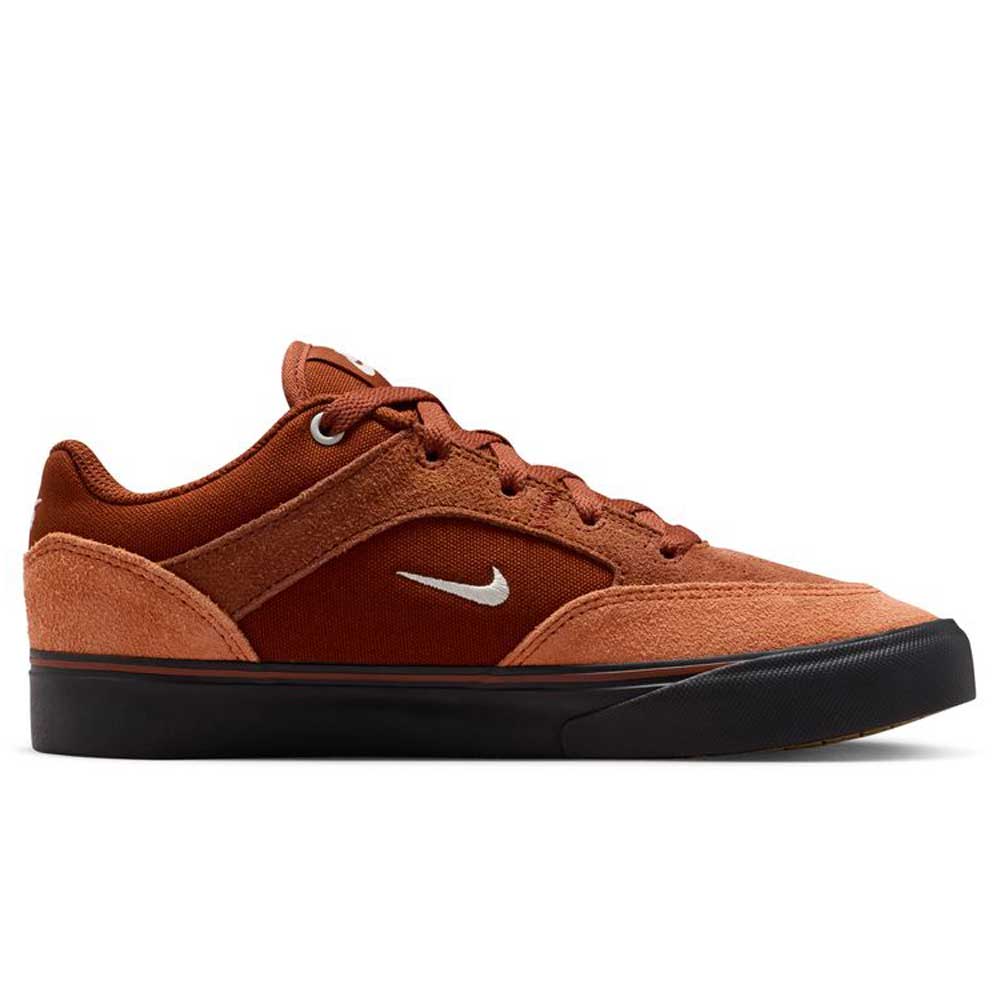 The HF1205200 Cinnamon Light Bone YOUTH Malor GS Nike SB Shoes feature a brown suede and mesh upper, white swoosh, brown laces, and a black rubber sole. This durable youth skate shoe is shown in profile against a white background.