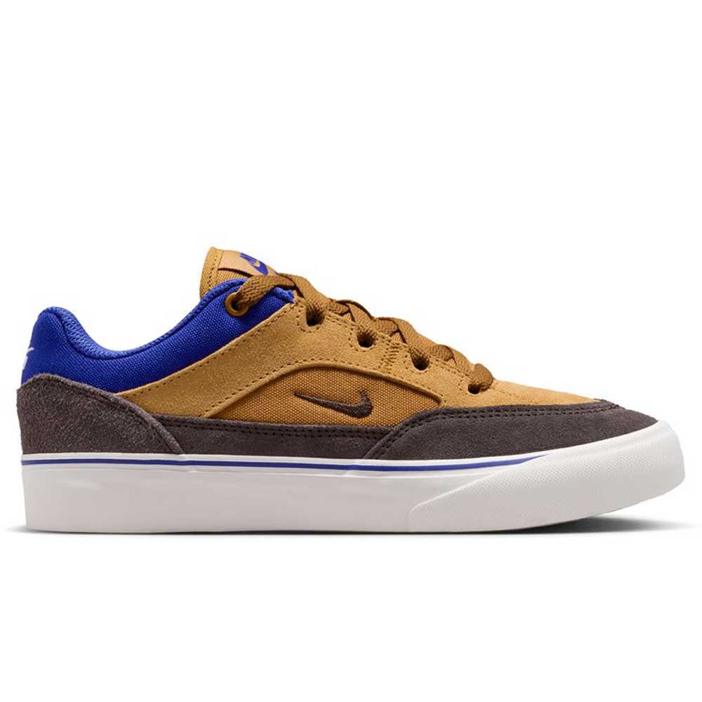 The HF1205700 Wheat Velvet Brown Deep Night YOUTH Malor GS Nike SB shoes feature a mix of brown, tan, and blue with a white sole and brown laces, shown from the side against a plain white background.