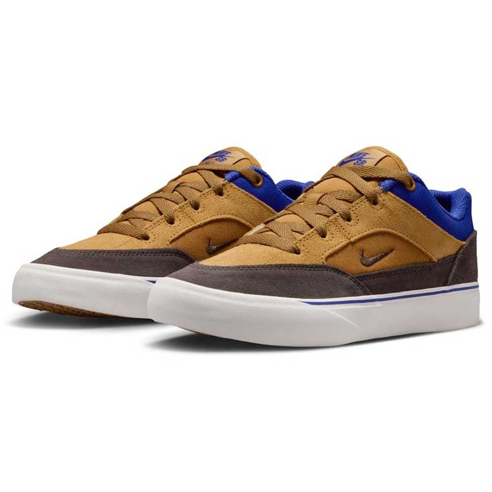 The HF1205700 Wheat Velvet Brown Deep Night YOUTH Malor GS Nike SB Shoes feature a brown and tan suede upper with blue accents, brown laces, and a white rubber sole—ideal durable skate shoes for daily wear.