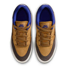 Top view of HF1205700 Wheat Velvet Brown Deep Night YOUTH Malor GS Nike SB shoes, featuring brown suede uppers, dark accents, blue lining, white soles, and blue Nike SB logos on the tongues—durable and stylish skate footwear for kids.
