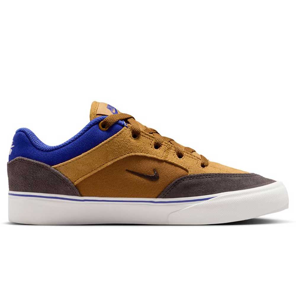 The HF1205700 Wheat Velvet Brown Deep Night YOUTH Malor GS Nike SB Shoes feature blue accents, a white sole, black laces, and a small Nike swoosh—shown in left profile view, ideal as durable skate shoes for any collection.