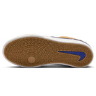 The Nike SB Malor GS (HF1205700 Wheat Velvet Brown Deep Night YOUTH) has a brown herringbone outsole with a circular grip at the toe, a blue Swoosh on the side, and a white midsole for durable skate performance.