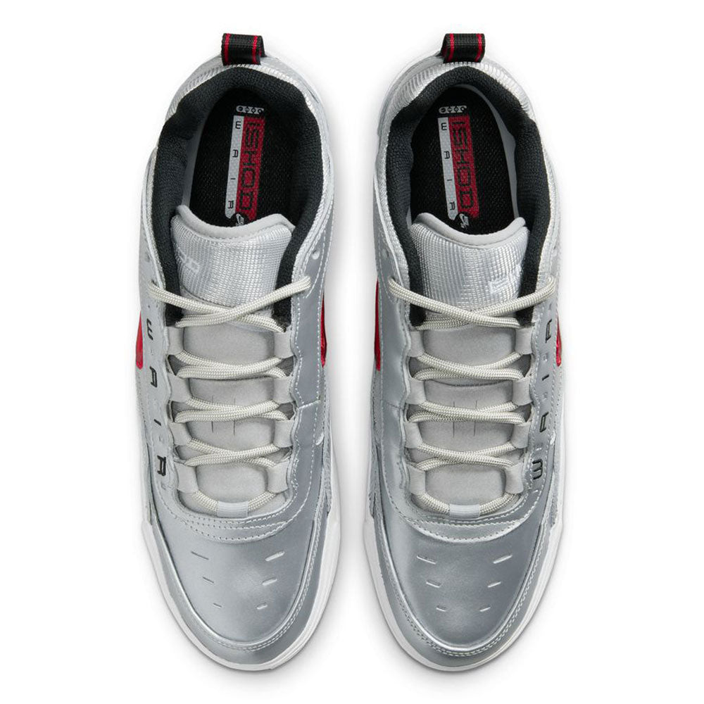 Top view of HF3062001-Silver-Bullet-Air-Max-Ishod-Wair-Leather-Suede-Shoes in gray and white with red accents, black lining, neatly tied laces, and branded tongue labels.