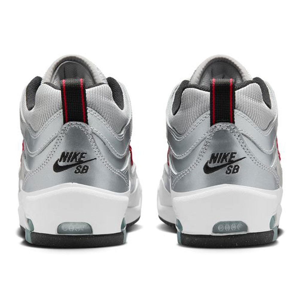 Back view of HF3062001-Silver-Bullet-Air-Max-Ishod-Wair-Leather-Suede-Shoes featuring silver uppers, black logos, red accents, white midsoles, black heel tabs with red stripes, light blue outsole details, and Max Air technology.
